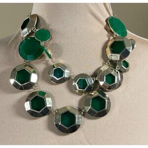 Jade Green Statement Necklace Gold Tone Hexagonal Chunky